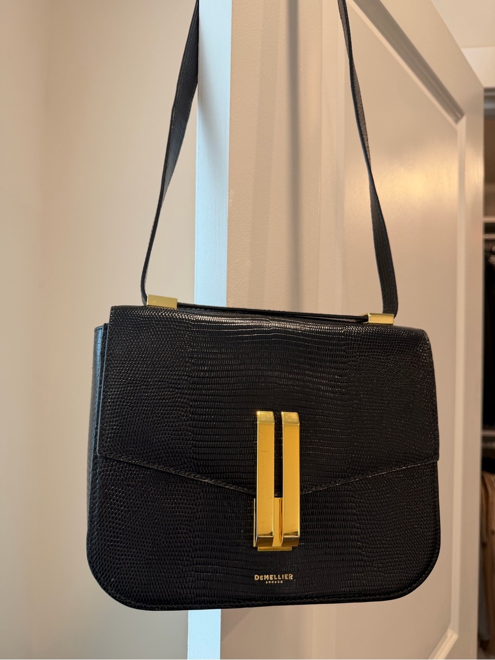 DeMellier Vancouver Bag in Black Lizard Embossed Leather with Gold Hardware